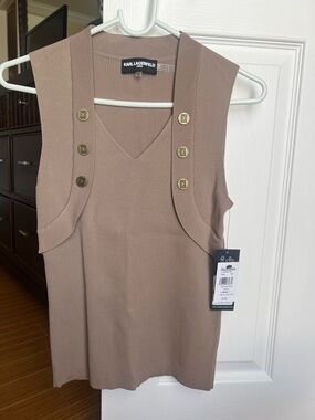 Karl Lagerfeld Taupe Ribbed Sleeveless V-Neck Top with Gold Buttons